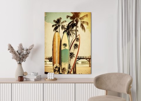 Plakat Deski Surfingowe Na Plaży Oparte O Palmy