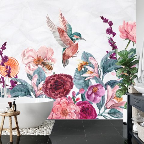 Fototapeta Akwarelowe Kolibry I Pszczoły Na Kwiatkach