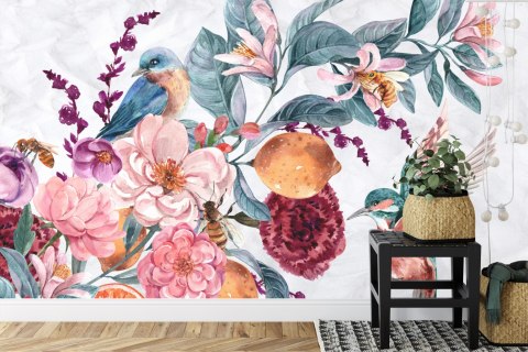 Fototapeta Akwarelowy Ptak Wśród Kolorowych Kwiatów