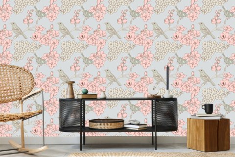 Tapeta Ptaki Z Kwiatami