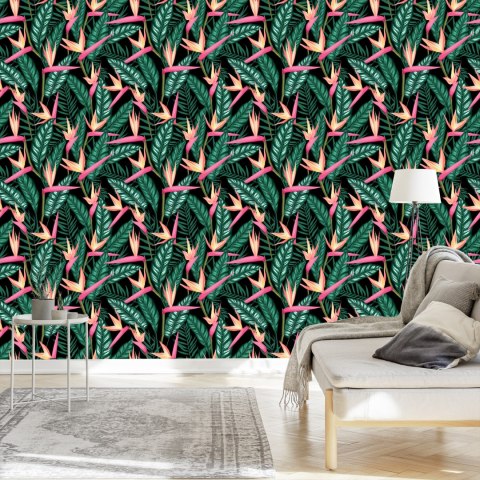 Tapeta Tropikalne Kwiaty Z Liśćmi Palmowymi