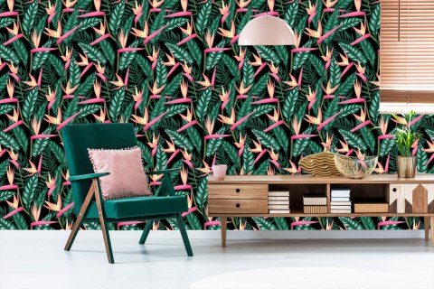 Tapeta Tropikalne Kwiaty Z Liśćmi Palmowymi