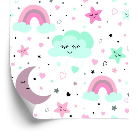 Tapeta Dla Dzieci - Śpiące Chmurki, Księżyce, Gwiazdy I Tęcze