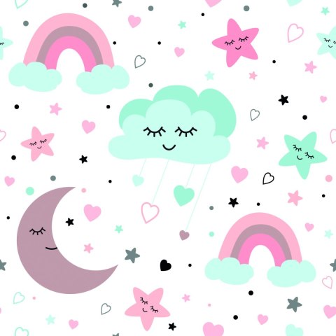 Tapeta Dla Dzieci - Śpiące Chmurki, Księżyce, Gwiazdy I Tęcze