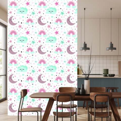 Tapeta Dla Dzieci - Śpiące Chmurki, Księżyce, Gwiazdy I Tęcze