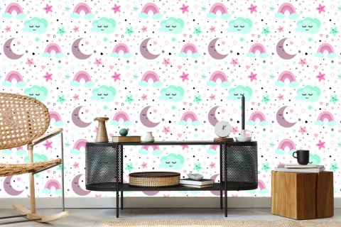 Tapeta Dla Dzieci - Śpiące Chmurki, Księżyce, Gwiazdy I Tęcze