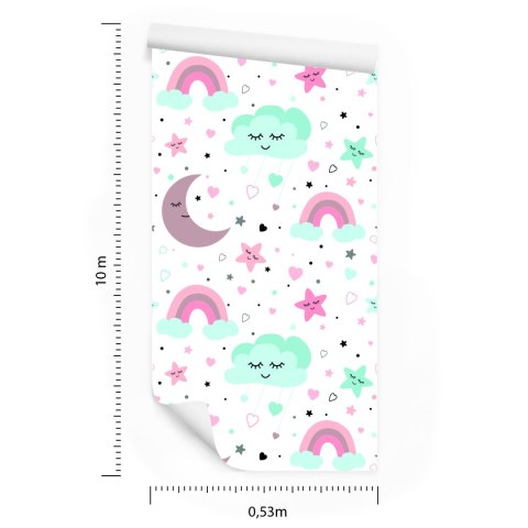 Tapeta Dla Dzieci - Śpiące Chmurki, Księżyce, Gwiazdy I Tęcze