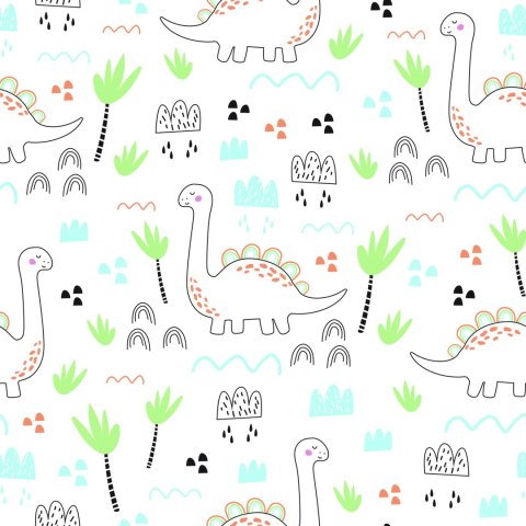 Tapeta Dla Dzieci, Dinozaury Chmury Drzewa Zieleń