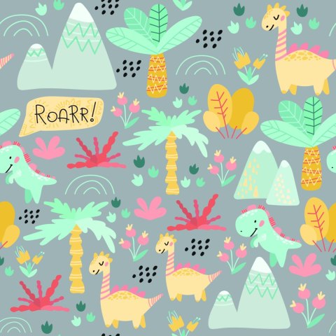 Tapeta Dla Dzieci, Dinozaury, Drzewa, Kwiaty, Góry