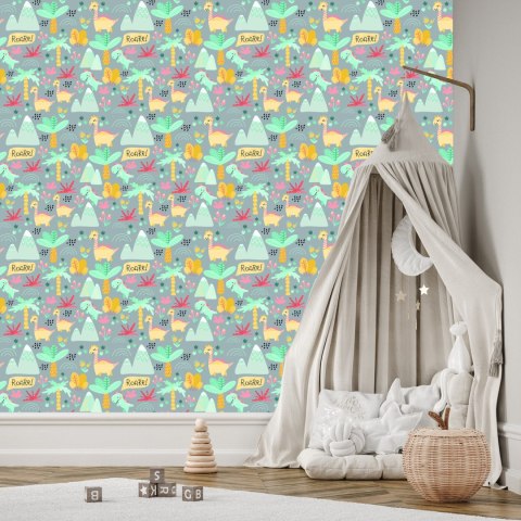 Tapeta Dla Dzieci, Dinozaury, Drzewa, Kwiaty, Góry