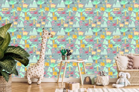 Tapeta Dla Dzieci, Dinozaury, Drzewa, Kwiaty, Góry