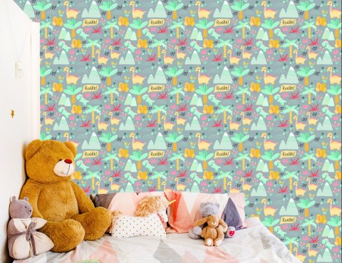 Tapeta Dla Dzieci, Dinozaury, Drzewa, Kwiaty, Góry