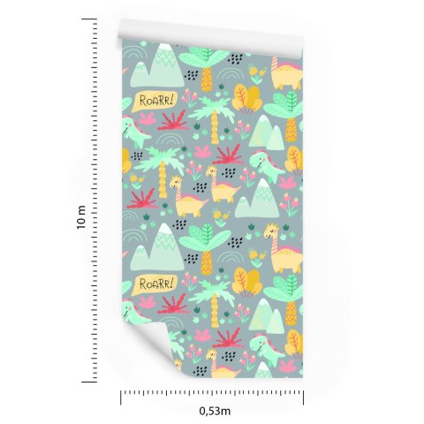 Tapeta Dla Dzieci, Dinozaury, Drzewa, Kwiaty, Góry