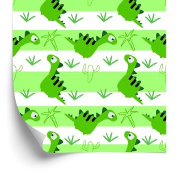 Tapeta Dla Dzieci - Dinozaury Na Tle Zielono - Białych Pasków