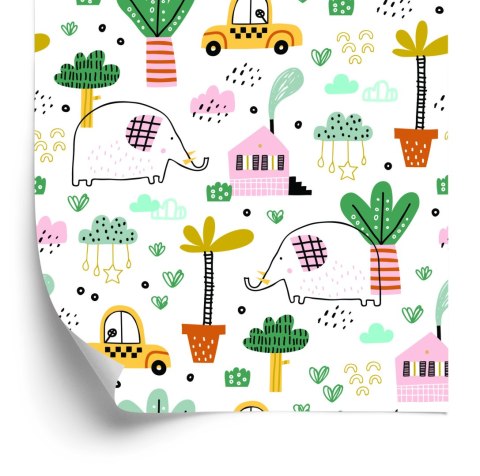 Tapeta Dla Dzieci - Słonie, Autka I Domki W Stylu Skandynawskim