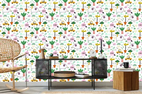 Tapeta Dla Dzieci - Słonie, Autka I Domki W Stylu Skandynawskim