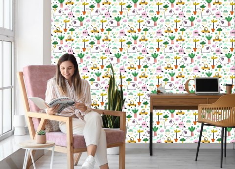 Tapeta Dla Dzieci - Słonie, Autka I Domki W Stylu Skandynawskim