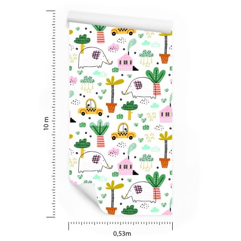 Tapeta Dla Dzieci - Słonie, Autka I Domki W Stylu Skandynawskim