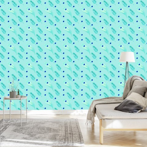 Tapeta Turkusowa - Pawie Pióra I Liście