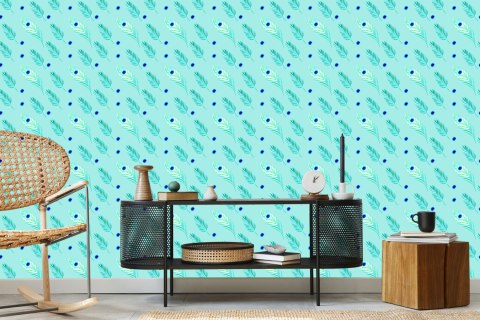 Tapeta Turkusowa - Pawie Pióra I Liście