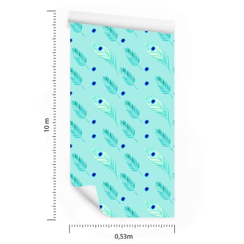 Tapeta Turkusowa - Pawie Pióra I Liście