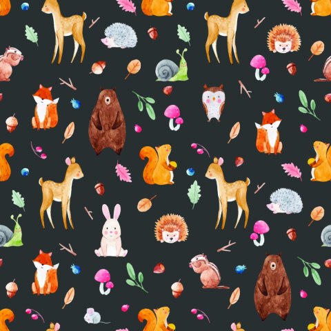 Tapeta Dla Dzieci - Zwierzątka Leśne Malowane Akwarelą