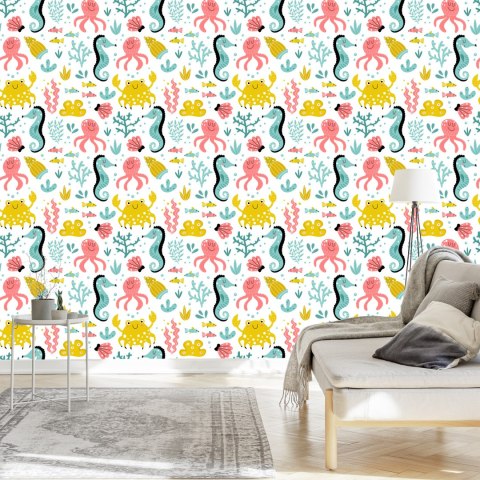 Tapeta Dla Dzieci - Morskie Zwierzątka W Stylu Skandynawskim