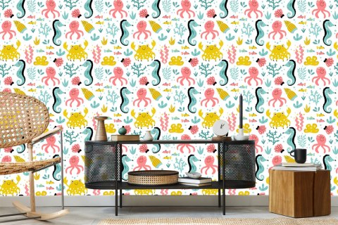 Tapeta Dla Dzieci - Morskie Zwierzątka W Stylu Skandynawskim