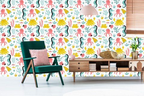 Tapeta Dla Dzieci - Morskie Zwierzątka W Stylu Skandynawskim