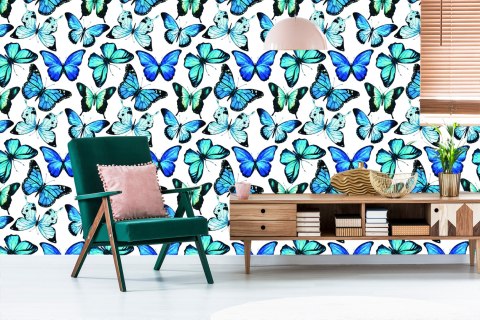 Tapeta Dla Dzieci Niebieskie Motyle Akwarela 3D