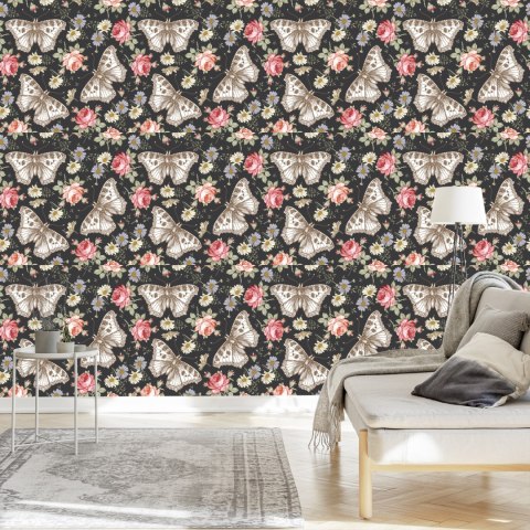 Tapeta Do Przedpokoju Motyle, Róże, Kwiaty, Liście