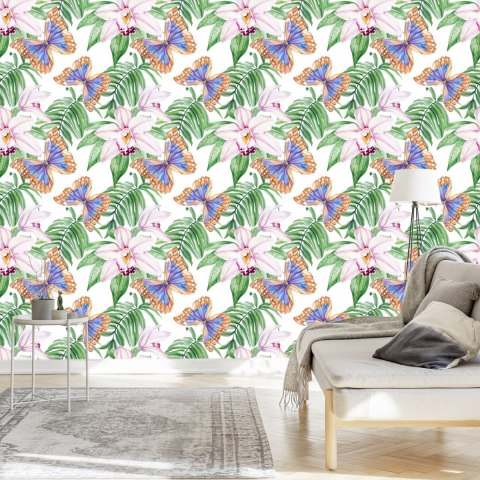 Tapeta Do Salonu, Motyle, Kwiaty, Liście