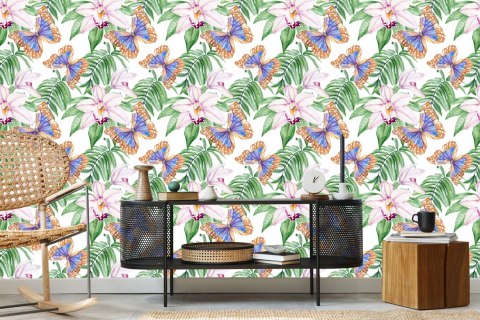 Tapeta Do Salonu, Motyle, Kwiaty, Liście