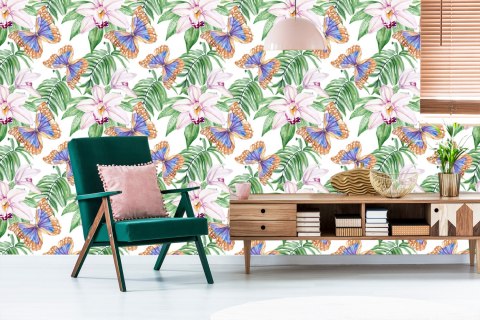 Tapeta Do Salonu, Motyle, Kwiaty, Liście