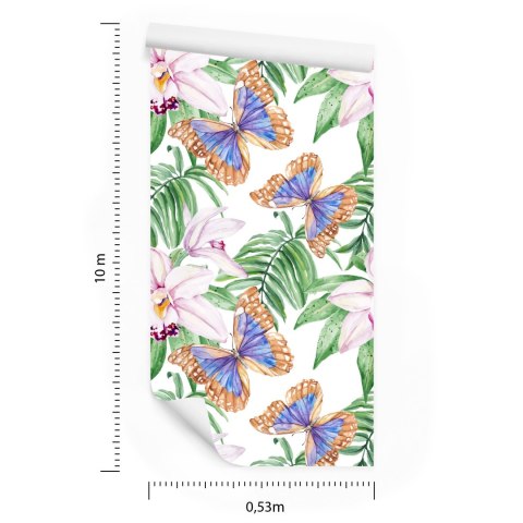 Tapeta Do Salonu, Motyle, Kwiaty, Liście