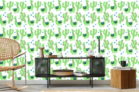 Tapeta Do Pokoju Dziecka, Lamy, Kaktusy, Zieleń