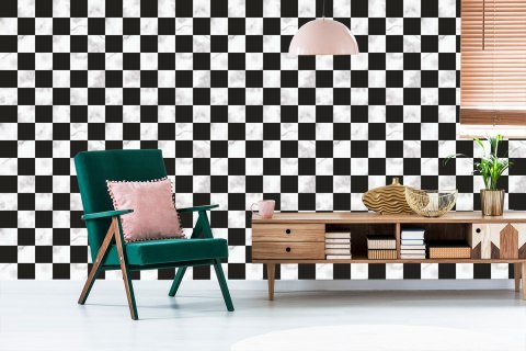 Tapeta Luksusowa Czarno - Biała Krata Na Wzór Marmuru