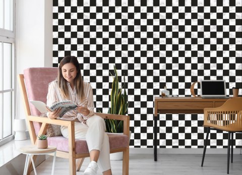 Tapeta Luksusowa Czarno - Biała Krata Na Wzór Marmuru