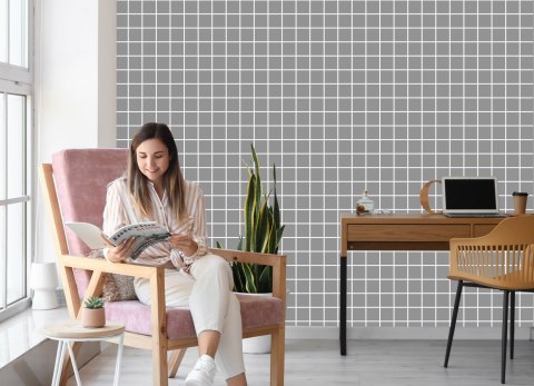 Tapeta Nowoczesna Minimalistyczna Szaro - Biała Krata