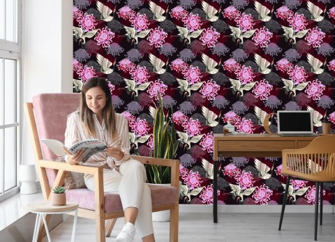 Tapeta - Żurawie I Kolorowe Kwiaty