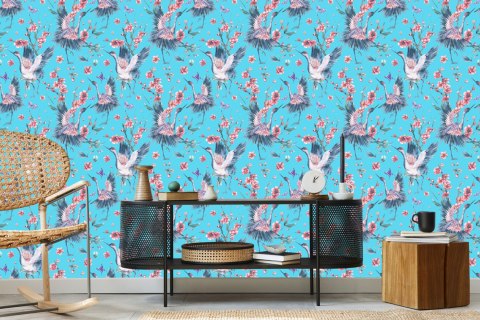 Tapeta - Żurawie, Motyle I Kwiaty