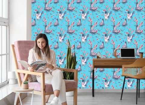 Tapeta - Żurawie, Motyle I Kwiaty