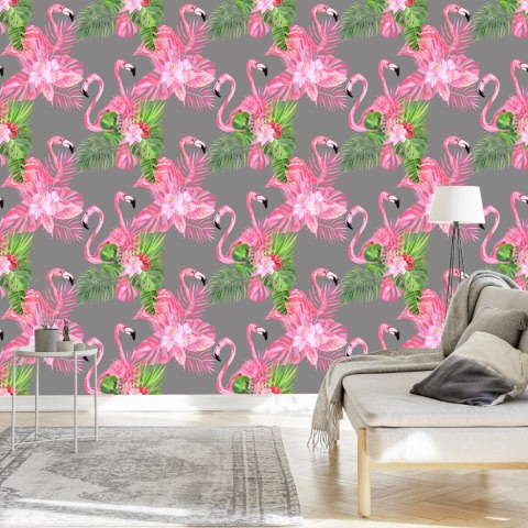 Tapeta Do Salonu, Flamingi, Ptaki, Zieleń, Liście