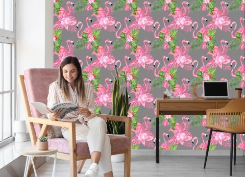 Tapeta Do Salonu, Flamingi, Ptaki, Zieleń, Liście