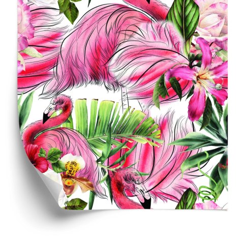 Tapeta Do Salonu, Flamingi, Róże, Kwiaty, Liście