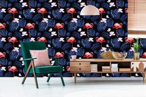 Tapeta We Flamingi Liście Kwiaty Natura, Do Salonu