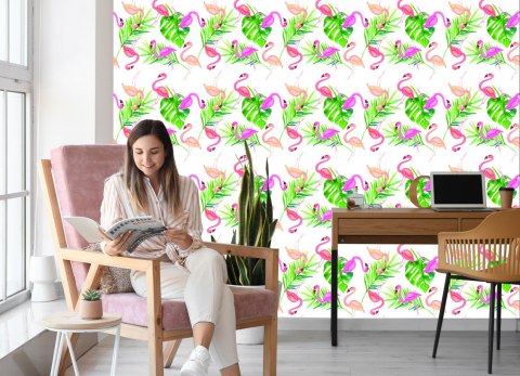 Tapeta Z Flamingami, Liście, Do Sypialni