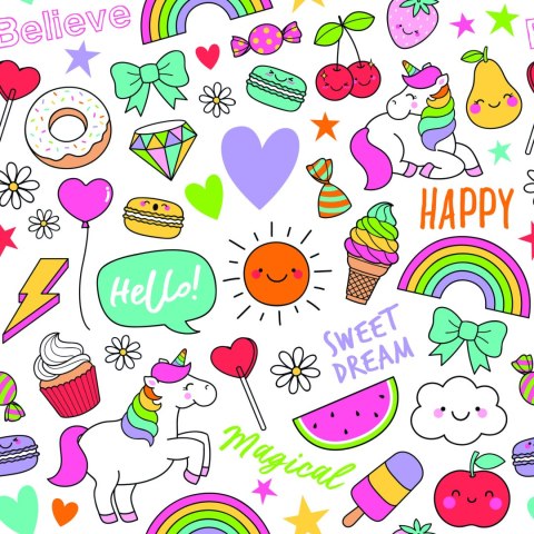 Tapeta Dla Dzieci - Jednorożce, Owoce, Słodycze I Chmurki