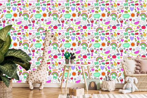 Tapeta Dla Dzieci - Jednorożce, Owoce, Słodycze I Chmurki