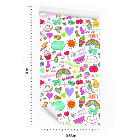 Tapeta Dla Dzieci - Jednorożce, Owoce, Słodycze I Chmurki